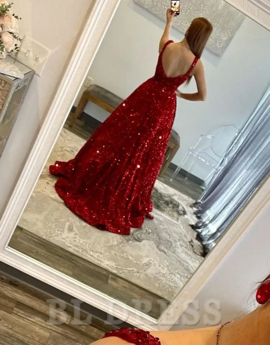 A-Line Shoulder Straps Long Sequin formal dresses evening gown Prom Dress