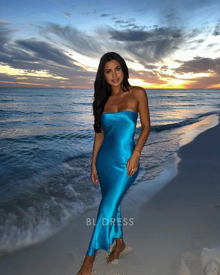 Sheath Simple Strapless Blue formal dresses Bridesmaid Dresses evening gown Prom Dress