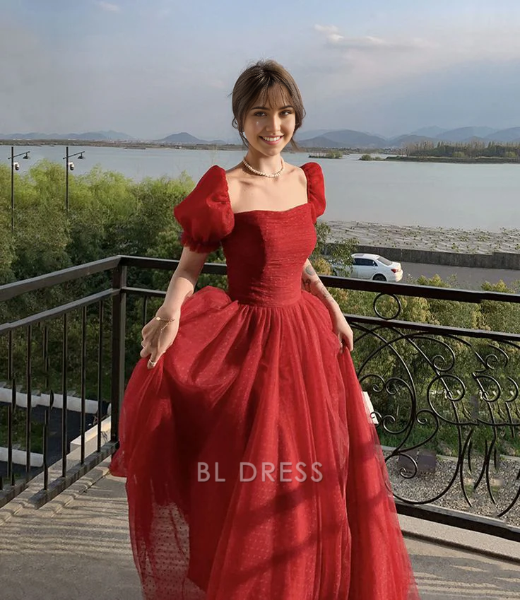 A Line Sweetheart Pretty Red Tulle formal dresses Bridesmaid Dresses evening gown Prom Dress