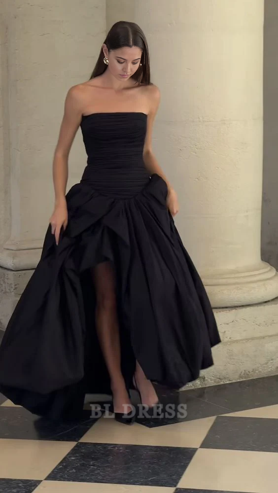 A-line Strapless Black Satin Ruffles Long formal dresses Bridesmaid Dresses evening gown Prom Dress