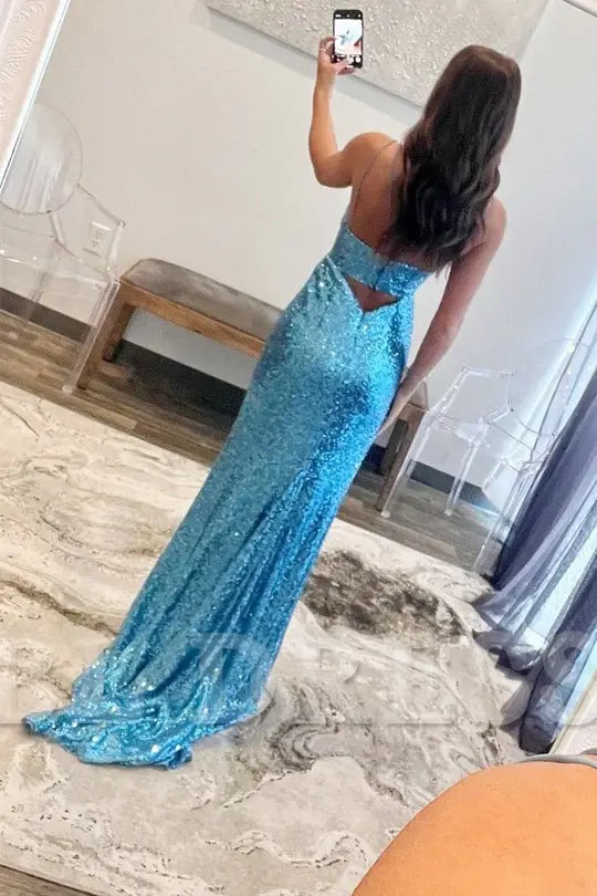 Mermaid Sequin Keyhole Straps Royal Blue Long formal dresses Bridesmaid Dresses evening gown Prom Dress with Slit