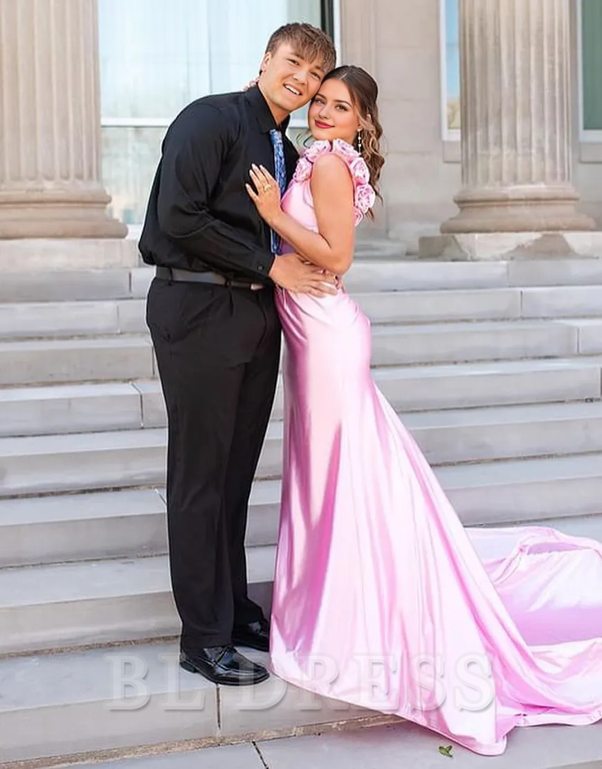 Mermaid Flowers Shoulder Straps Satin Pink Long formal dresses evening gown Prom Dress