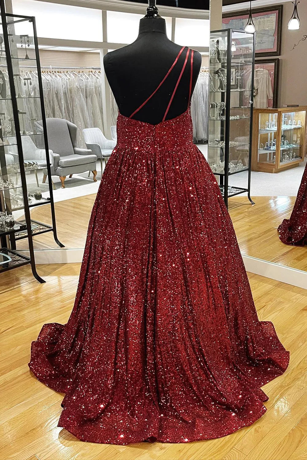 A Line Sparkly One Shoulder Sequins Prom Dress