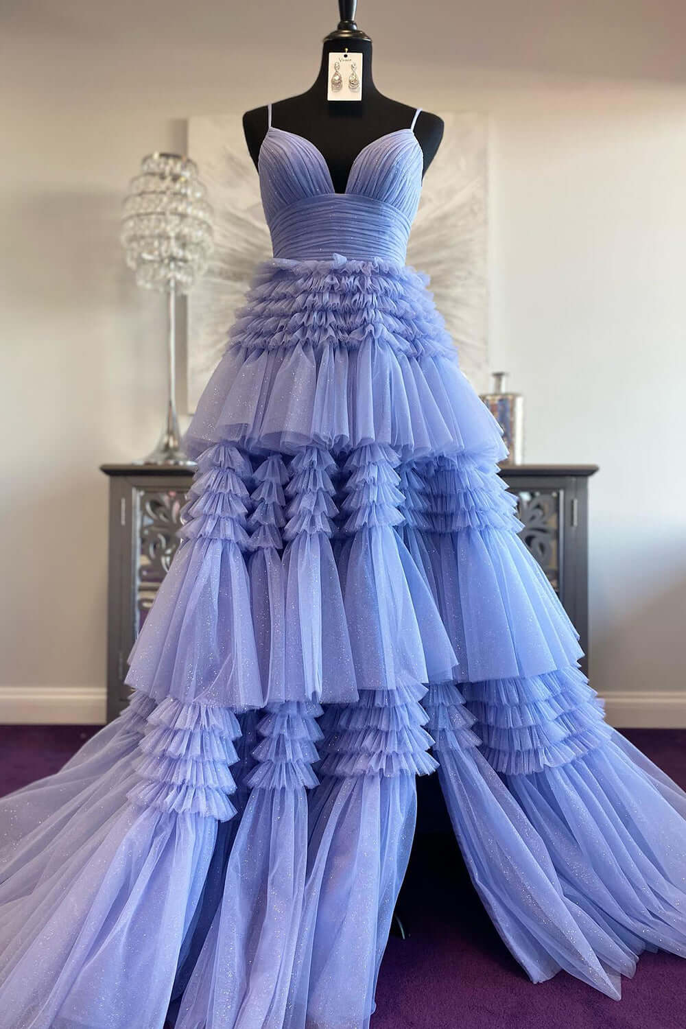 A-line Sequin Tulle V Neck Ruffles Long Formal Prom Dresses Dresses