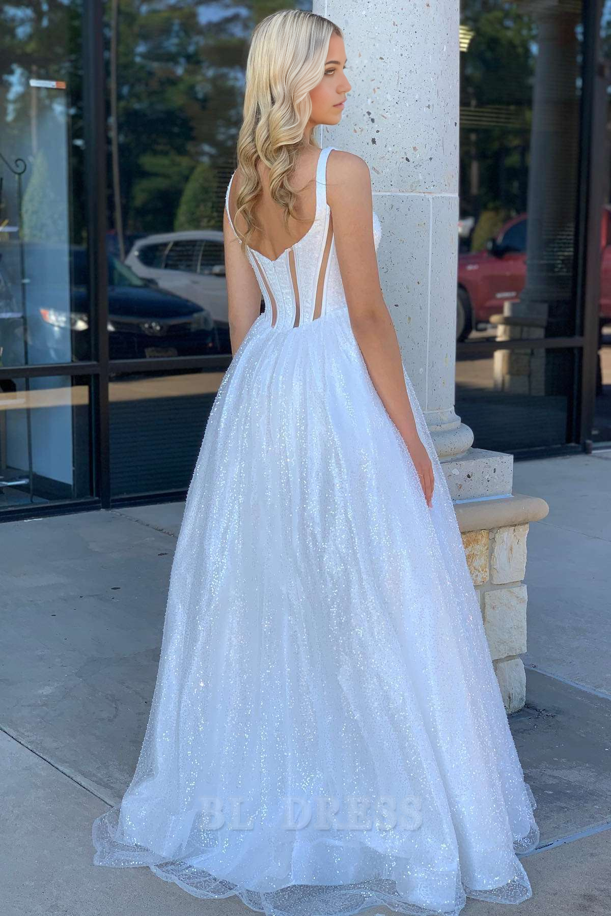 A-Line Square Neck White Sequin formal dresses Bridesmaid Dresses evening gown Prom Dress