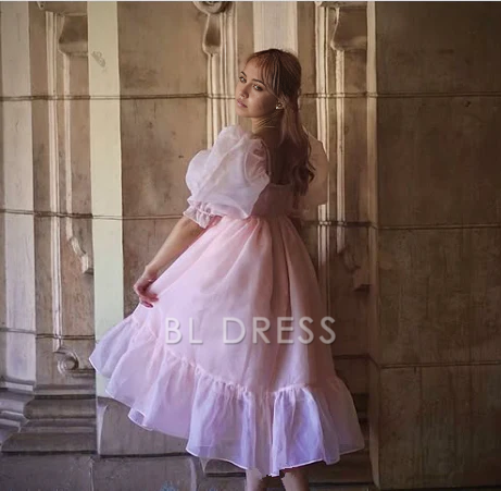 A-line princess puff sleeves organza pink formal dresses Bridesmaid Dresses evening gown Prom Dress