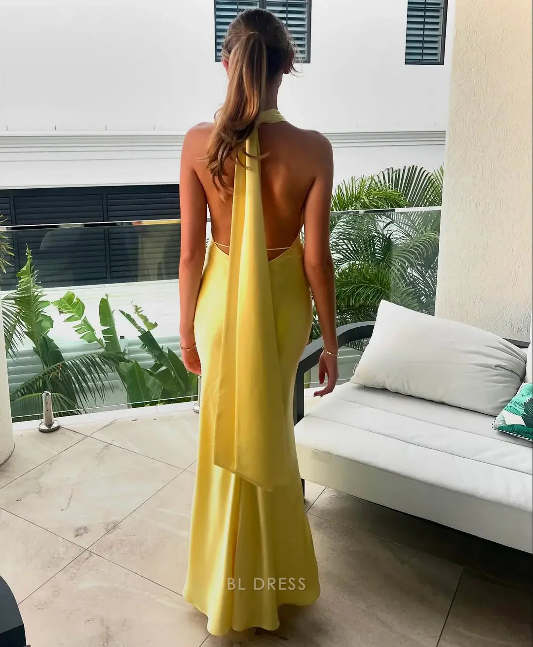 Mermaid Halter Backless Yellow Long formal dresses Bridesmaid Dresses evening gown Prom Dress