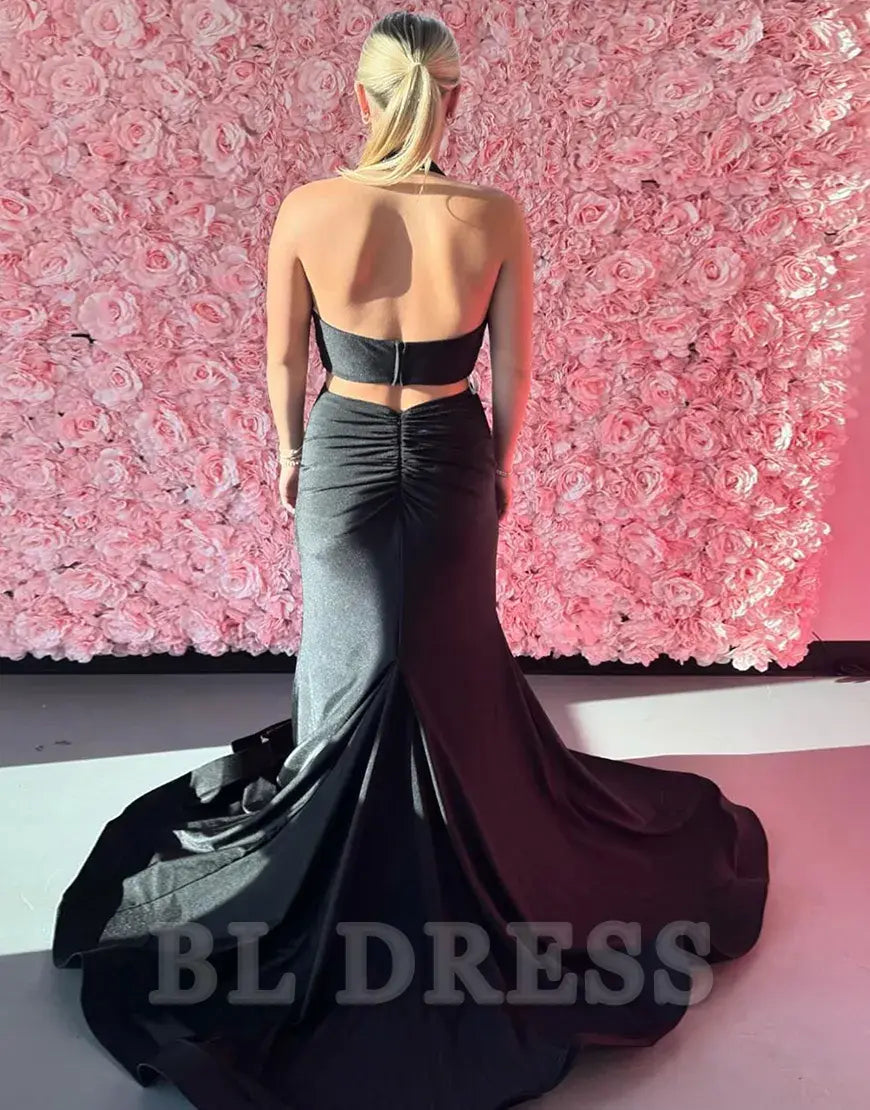 Mermaid Halter V-Neck Satin Black Long formal dresses Bridesmaid Dresses evening gown Prom Dress with Slit