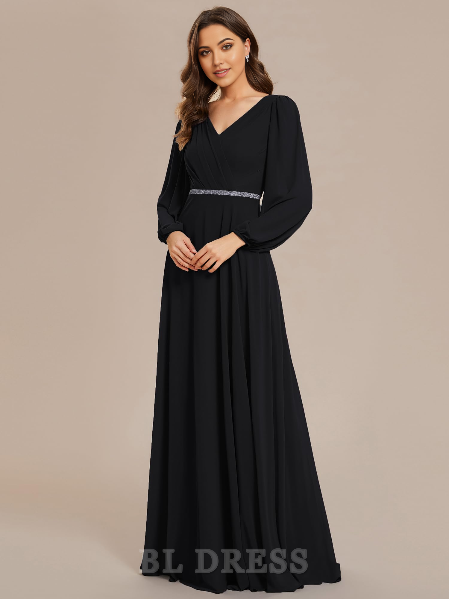 A Line V Neck Long Sleeve Beading formal dresses Bridesmaid Dresses evening gown Prom Dress
