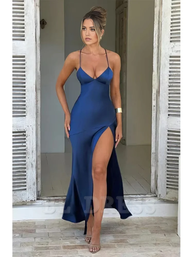 Elegant Spaghetti Strap Backless Lace-Up Split Satin formal dresses Bridesmaid Dresses evening gown Prom Dress