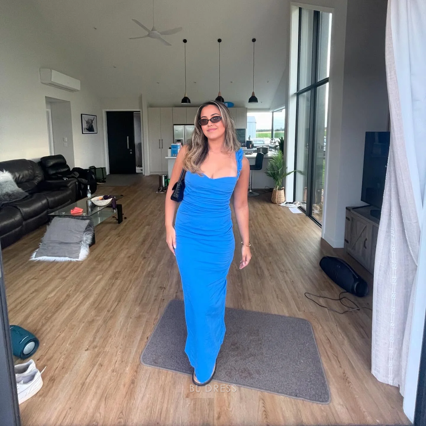 Sheath Ruffle Straps Blue formal dresses Bridesmaid Dresses evening gown Prom Dress