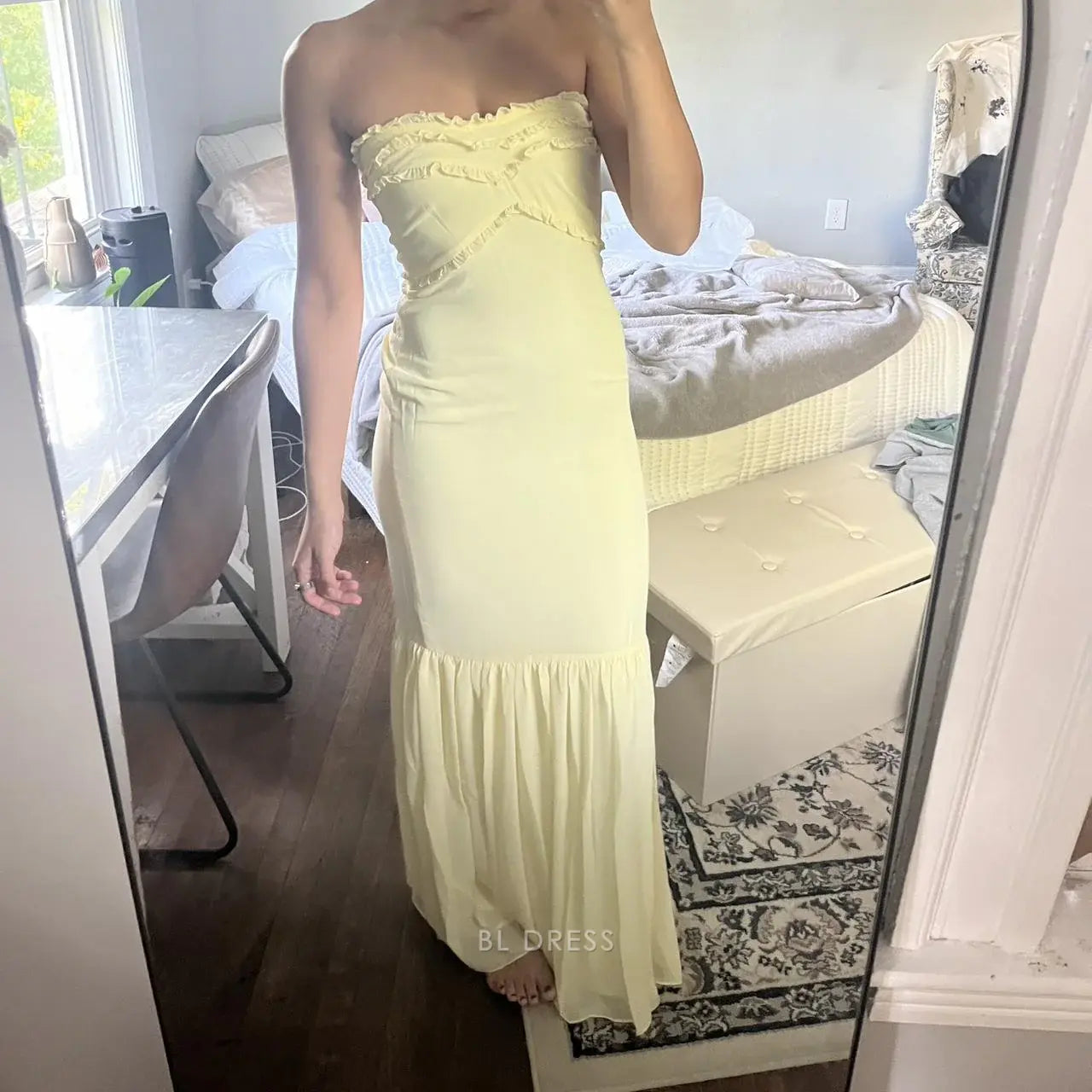 Mermaid Cute Strapless Chiffon Ruffles Yellow formal dresses Bridesmaid Dresses evening gown Prom Dress