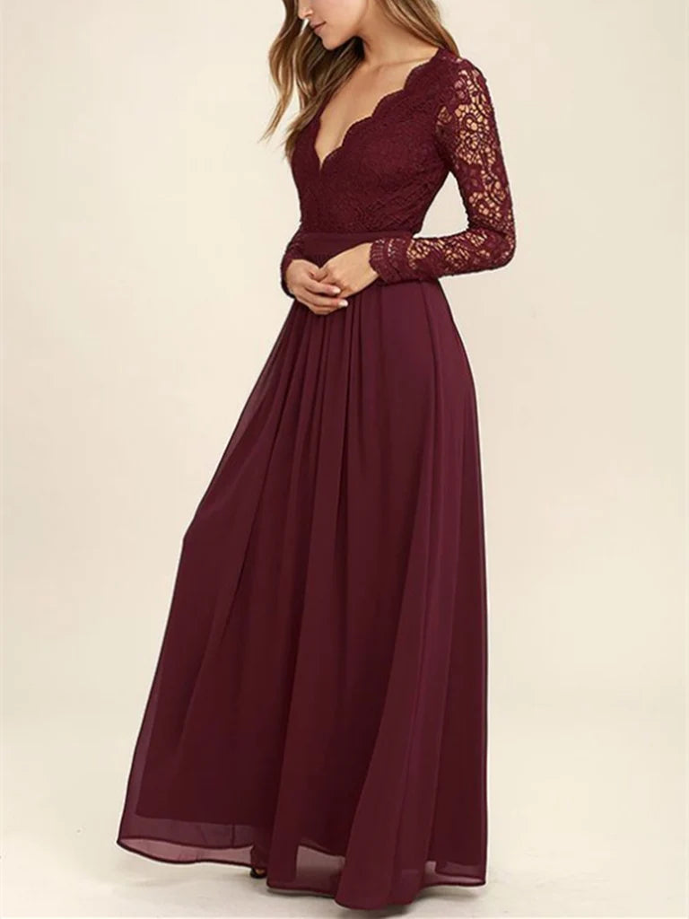 A-line Lace Long Sleeves V Neck Bridesmaid Dress Prom Dress Backless Evening Dress