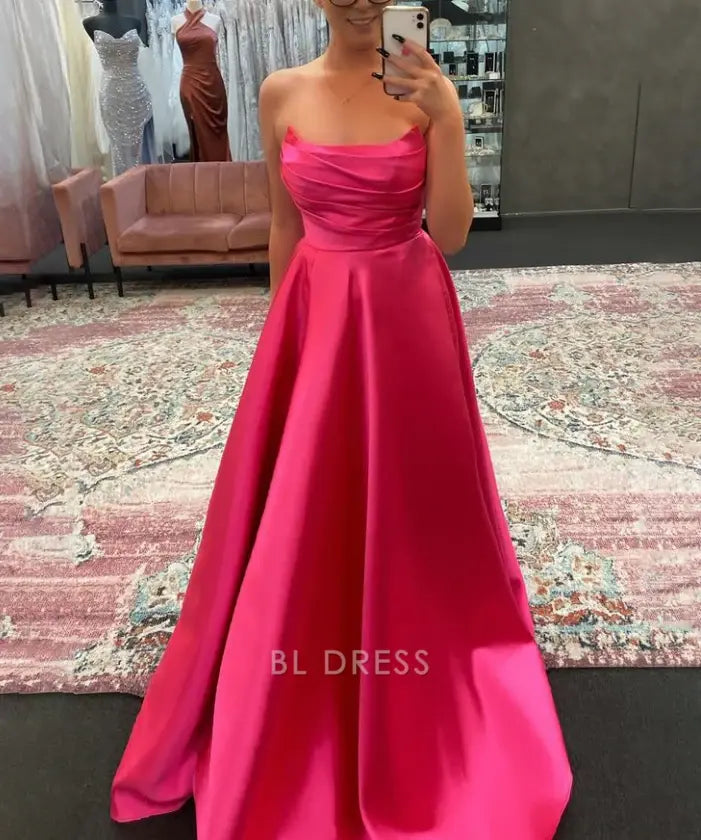 A-line Strapless Satin Pleated Sage Green Long formal dresses Bridesmaid Dresses evening gown Prom Dress