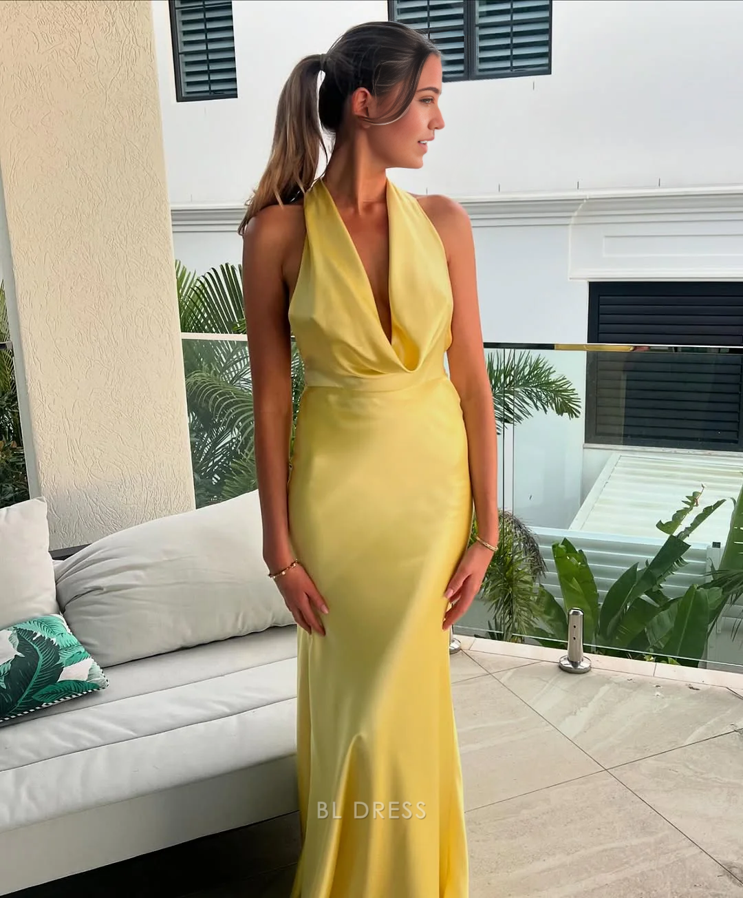 Mermaid Halter Backless Yellow Long formal dresses Bridesmaid Dresses evening gown Prom Dress