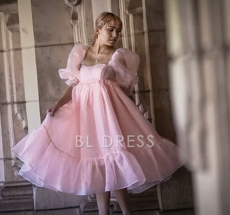 A-line princess puff sleeves organza pink formal dresses Bridesmaid Dresses evening gown Prom Dress