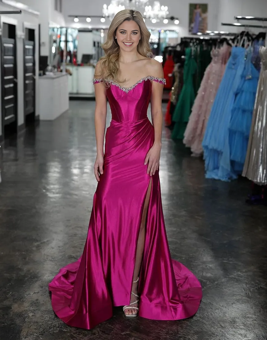 Mermaid Sparkly Rhinestones Off the Shoulder Corset Long formal dresses evening gown Prom Dress with Slit