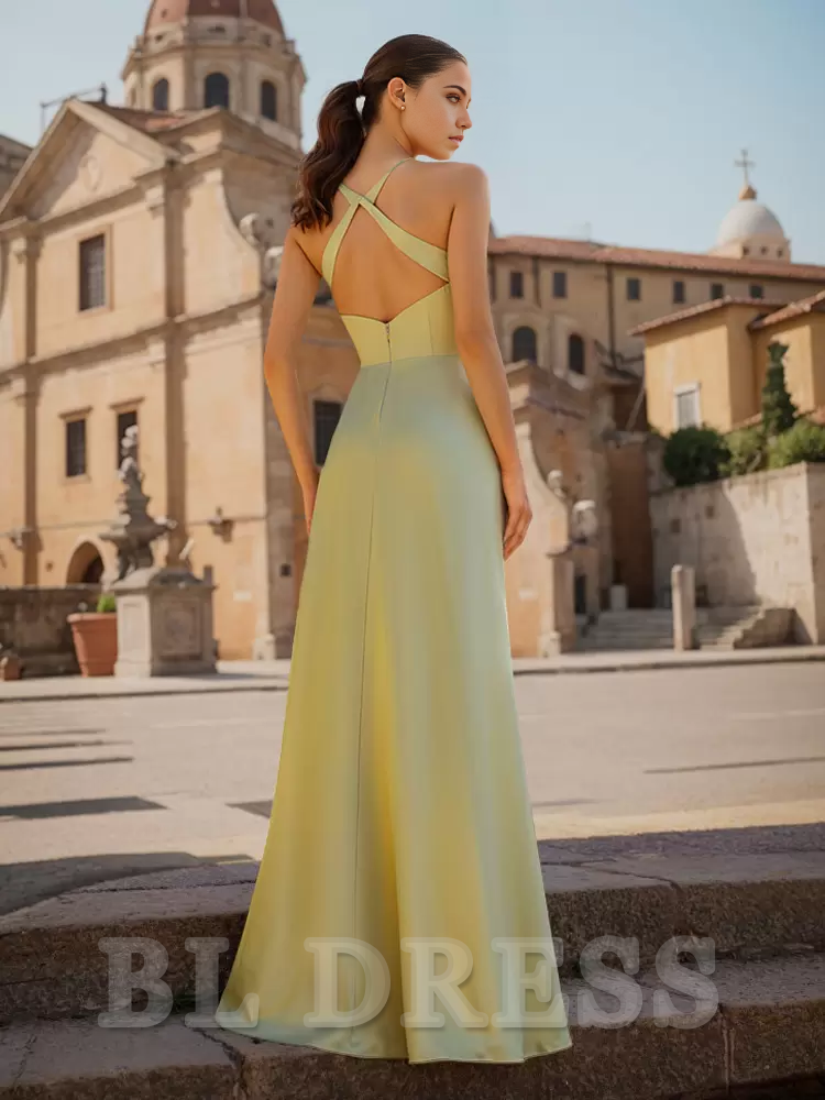 Sheath V-Neck Spaghetti Straps Floor-Length Zipper Satin formal dresses evening gown Prom Dress