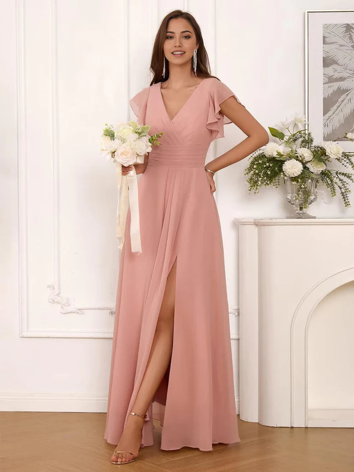 A Line V Neck Ruffle Sleeve Pleated Long Chiffon formal dresses evening gown Prom Dress with Slit