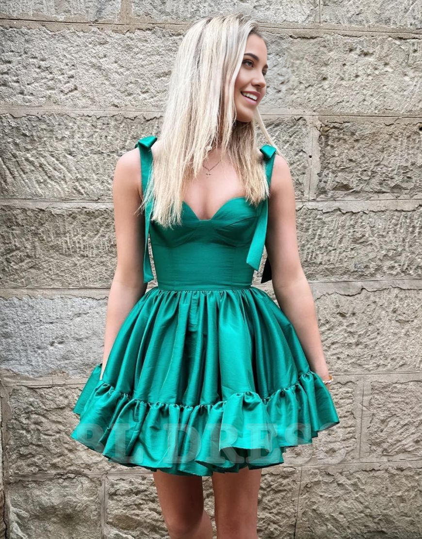 A-Linie mit Trägern, kurz, Satin, grün, formelle Kleider, Brautjungfernkleider, Abendkleid, Ballkleid, Heimkehrkleid 