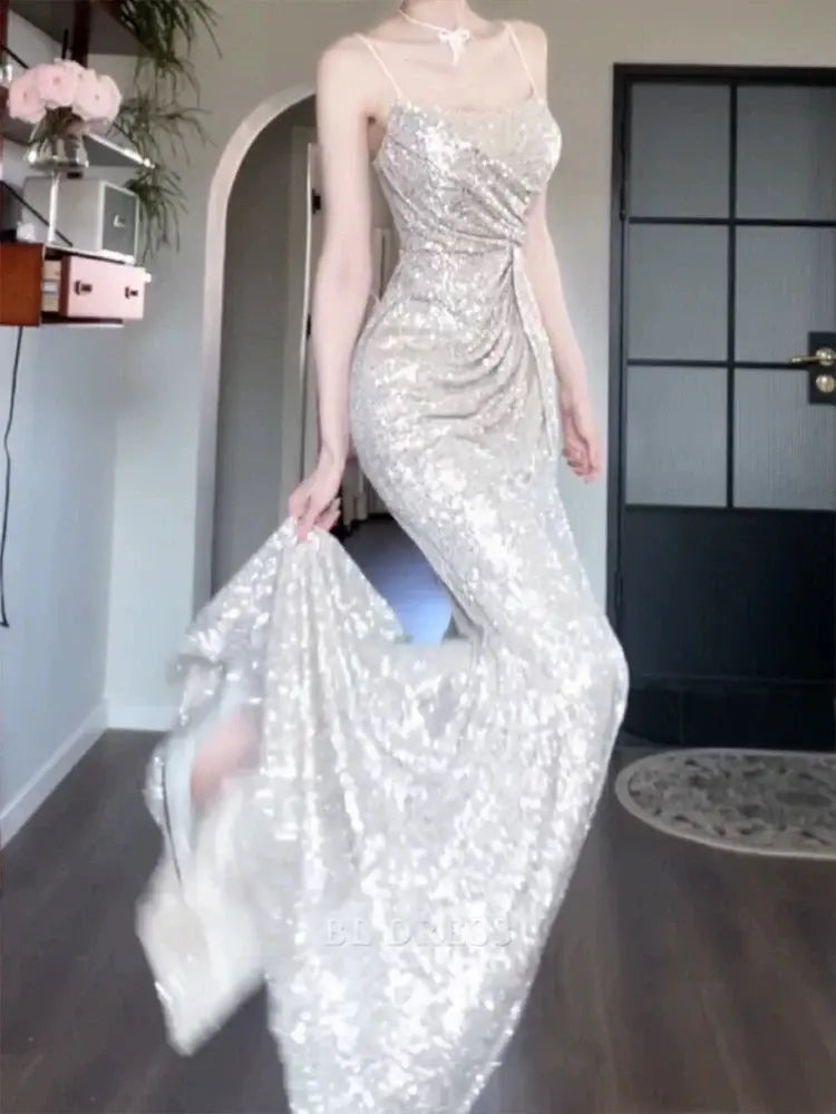 Mermaid Spaghetti Straps Sequin formal dresses Bridesmaid Dresses evening gown Prom Dress