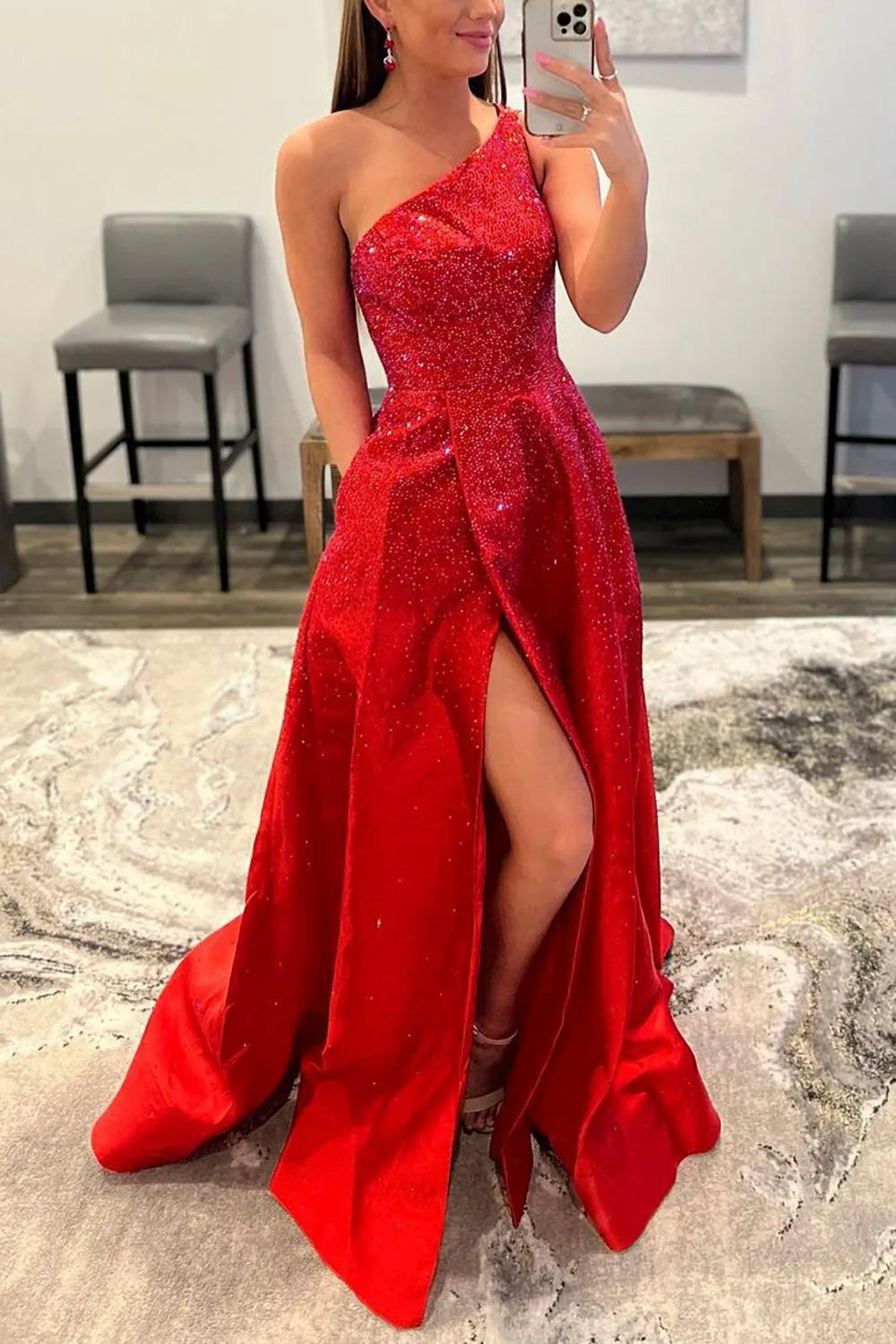 A-line One Shoulder Prom Dress with Slit