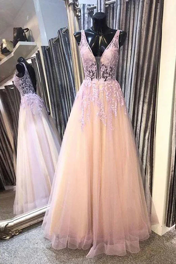 A-line Satin Tulle Prom Dress Deep V-neck Backless Long Evening Gowns with Appliques