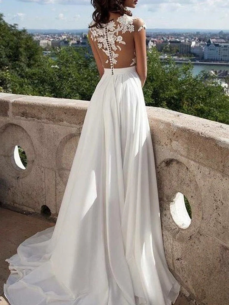 A-line Round Neck Lace Appliques Chiffon Prom Evening Party Dress With Side Slit