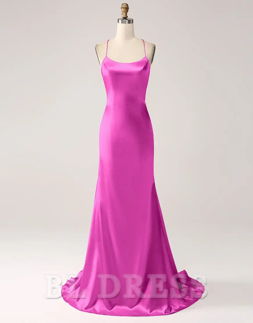 Mermaid Spaghetti Straps Satin Lace-Up Blush Long formal dresses evening gown Prom Dress