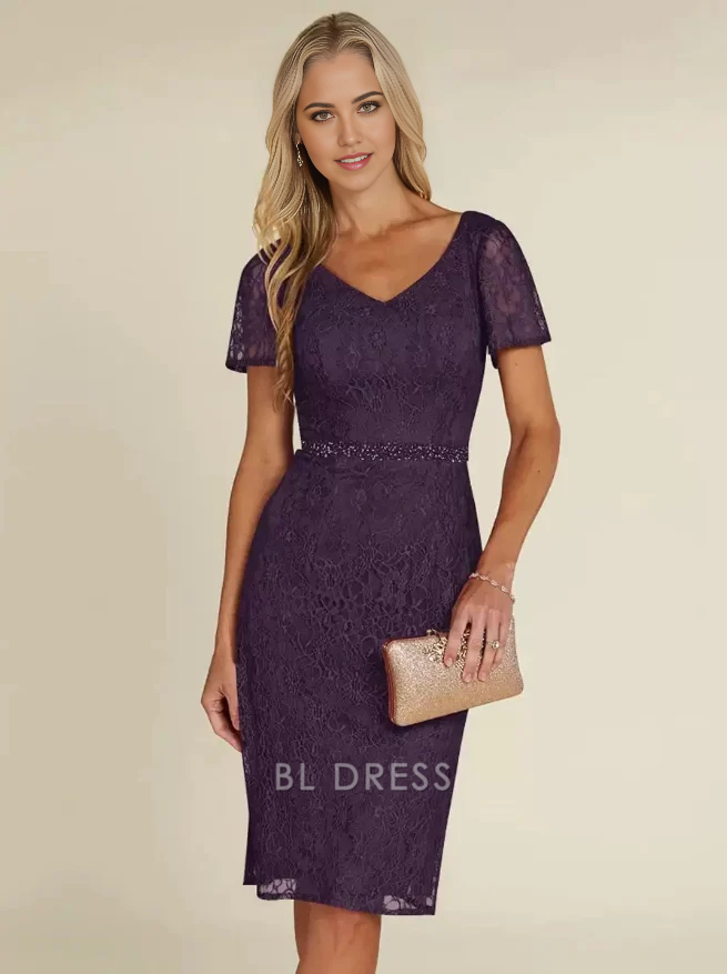 Sheath V-Neck Short Sleeves Short Lace Knee-Length Wedding Guest Dresses Mother of the Bride Dresse