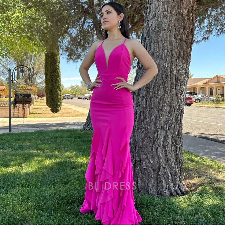 Mermaid V-Neck Ruffle Hot Pink Long formal dresses Bridesmaid Dresses evening gown Prom Dress