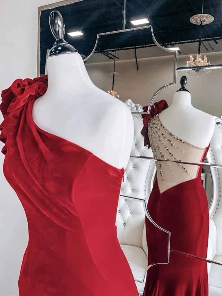 Mermaid One Shoulder Velvet Long Prom Dresses