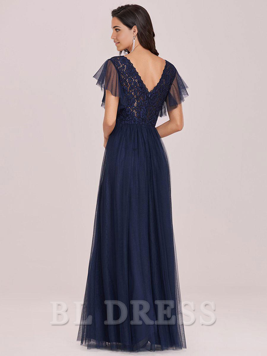 A-Line V-Neck Tulle Short Sleeves Backless Floor-Length formal dresses Bridesmaid Dresses evening gown Prom Dress