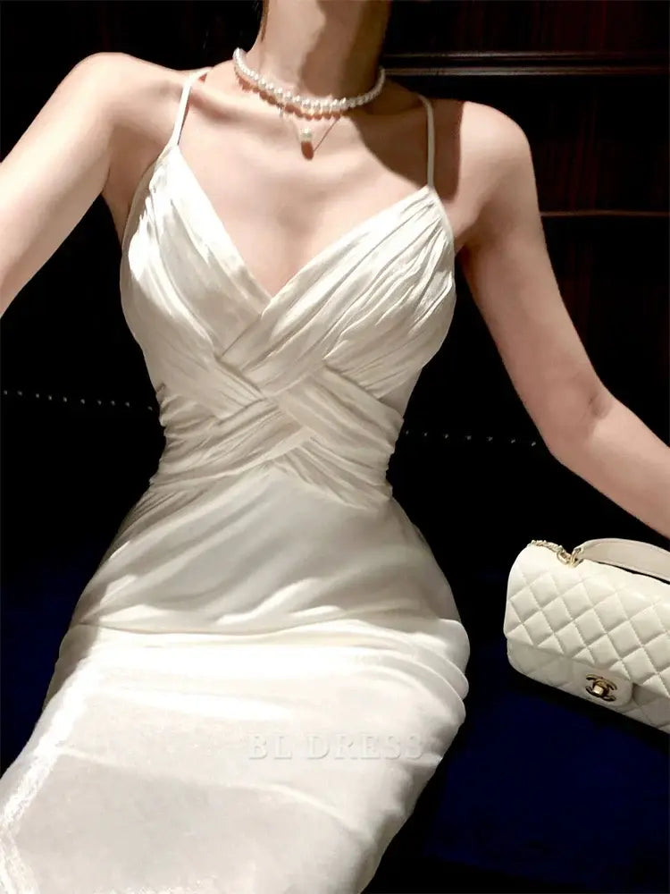 Sheath Spaghetti Straps Sleeveless White Long formal dresses Bridesmaid Dresses evening gown Prom Dress