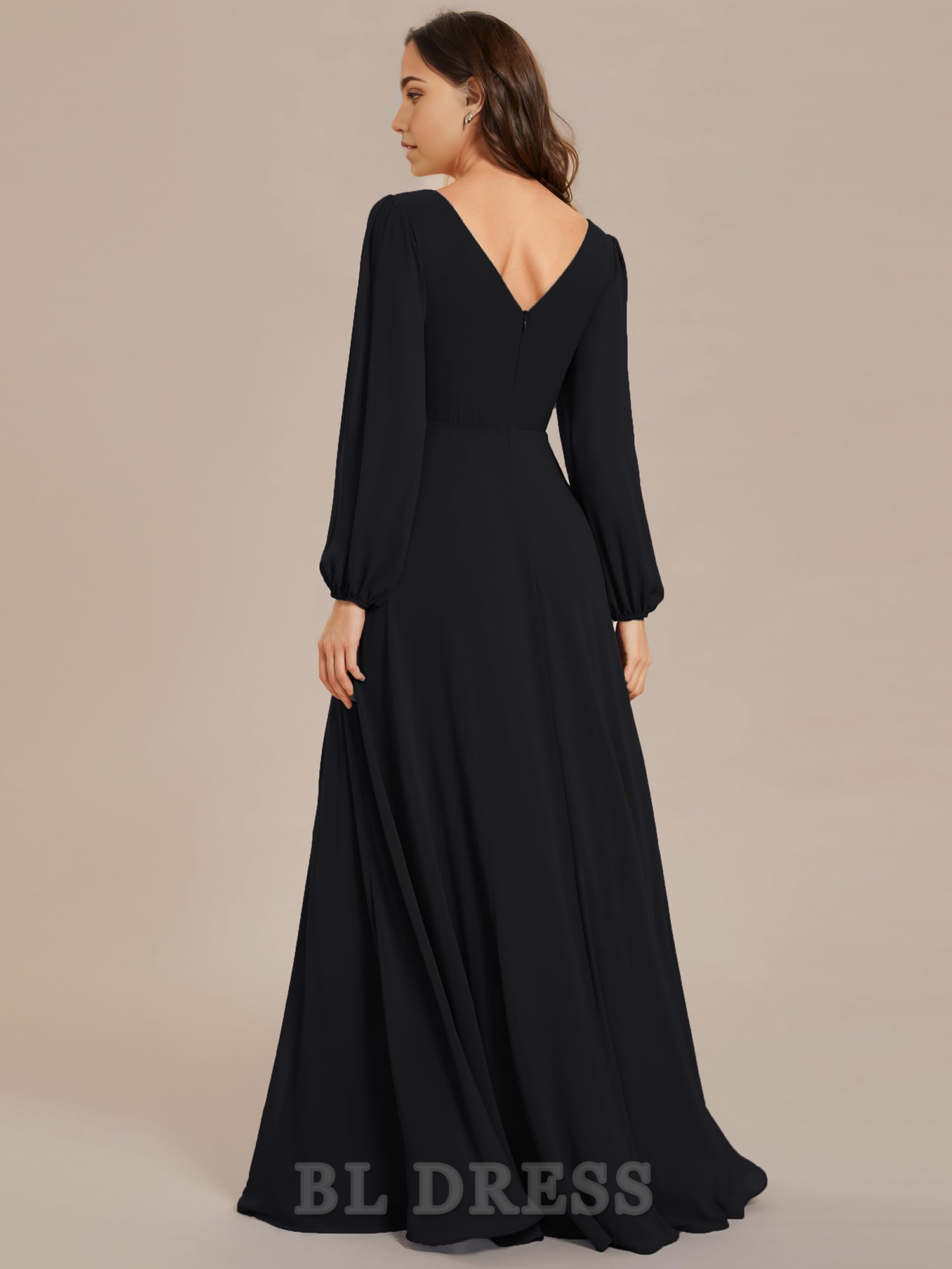 A Line V Neck Long Sleeve Beading formal dresses Bridesmaid Dresses evening gown Prom Dress