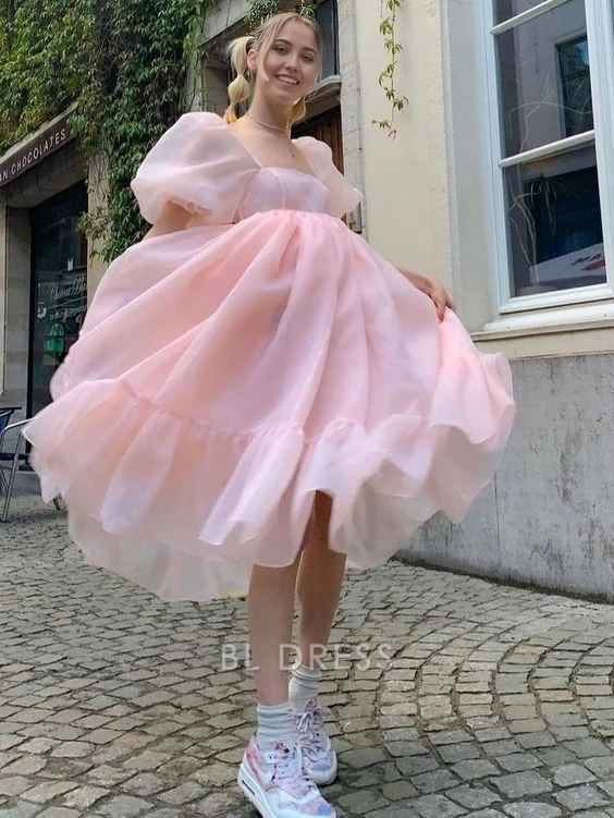 A-line princess puff sleeves organza pink formal dresses Bridesmaid Dresses evening gown Prom Dress