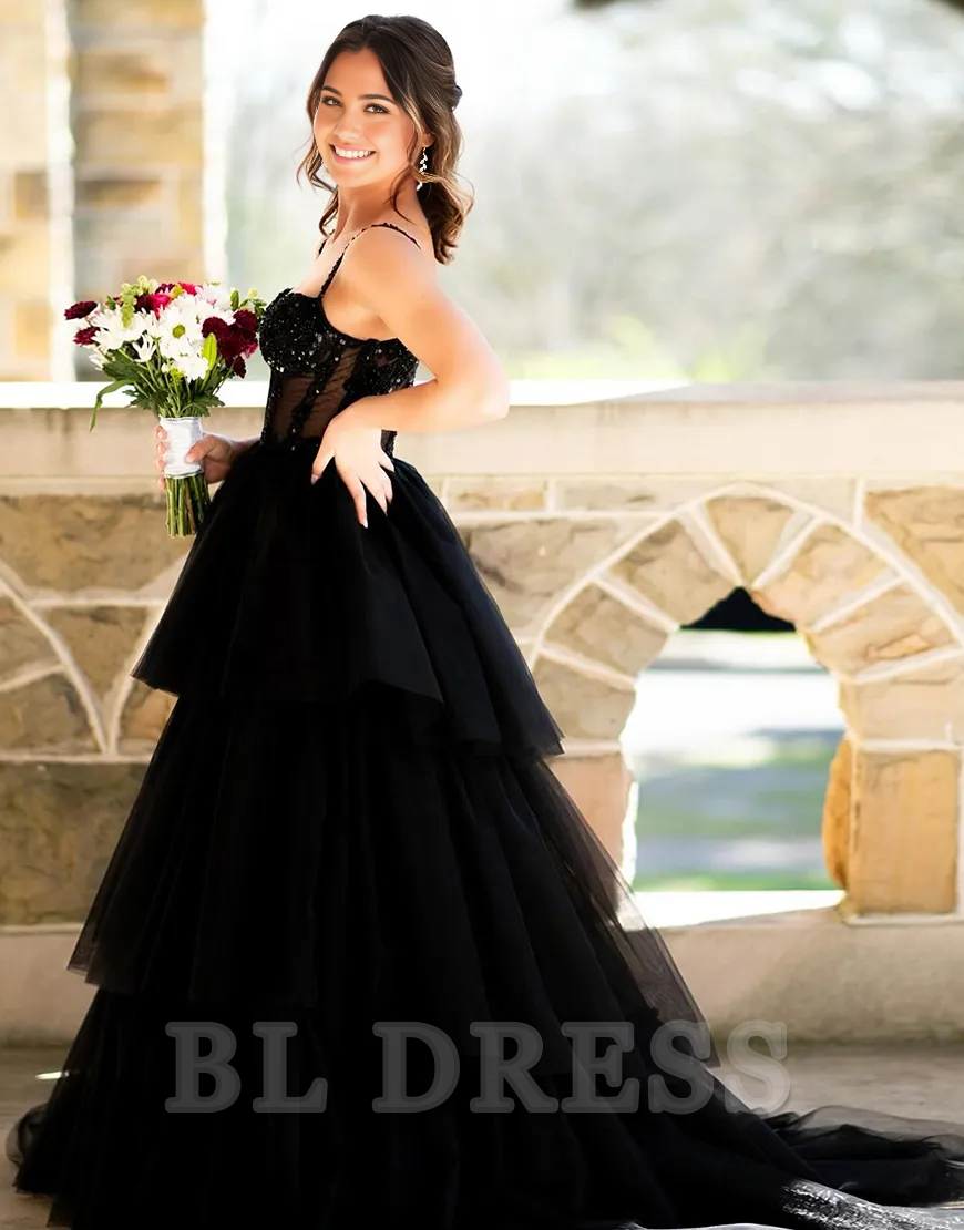 A-Line Sparkly Spaghetti Straps Corset Ruffles Tulle Black Long formal dresses Bridesmaid Dresses evening gown Prom Dress