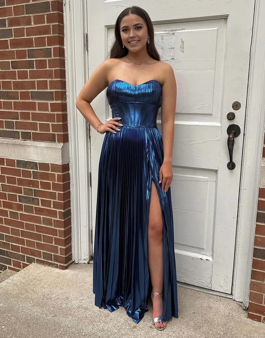 A-Line Strapless Corset Long formal dresses evening gown Prom Dress with Slit