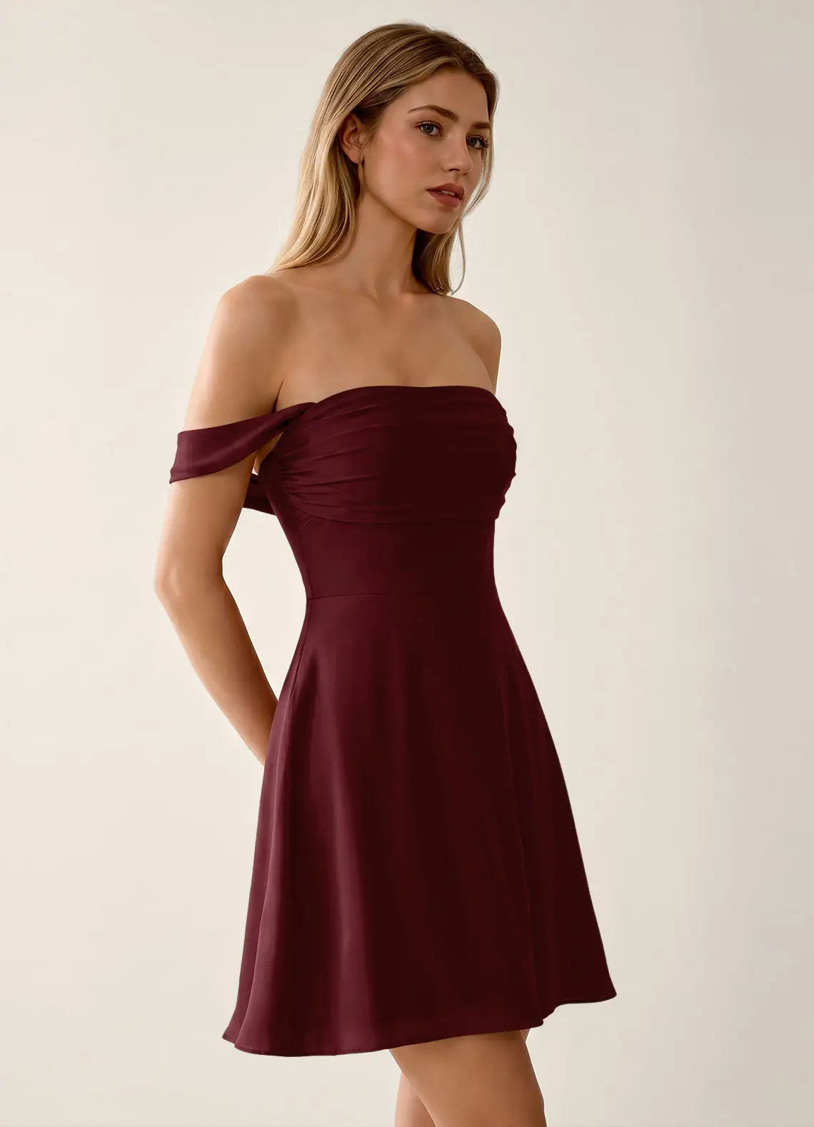 Elegant A-Line Off-Shoulder Ruched Lace-Up Burgundy Short Homecoming Dress Women's