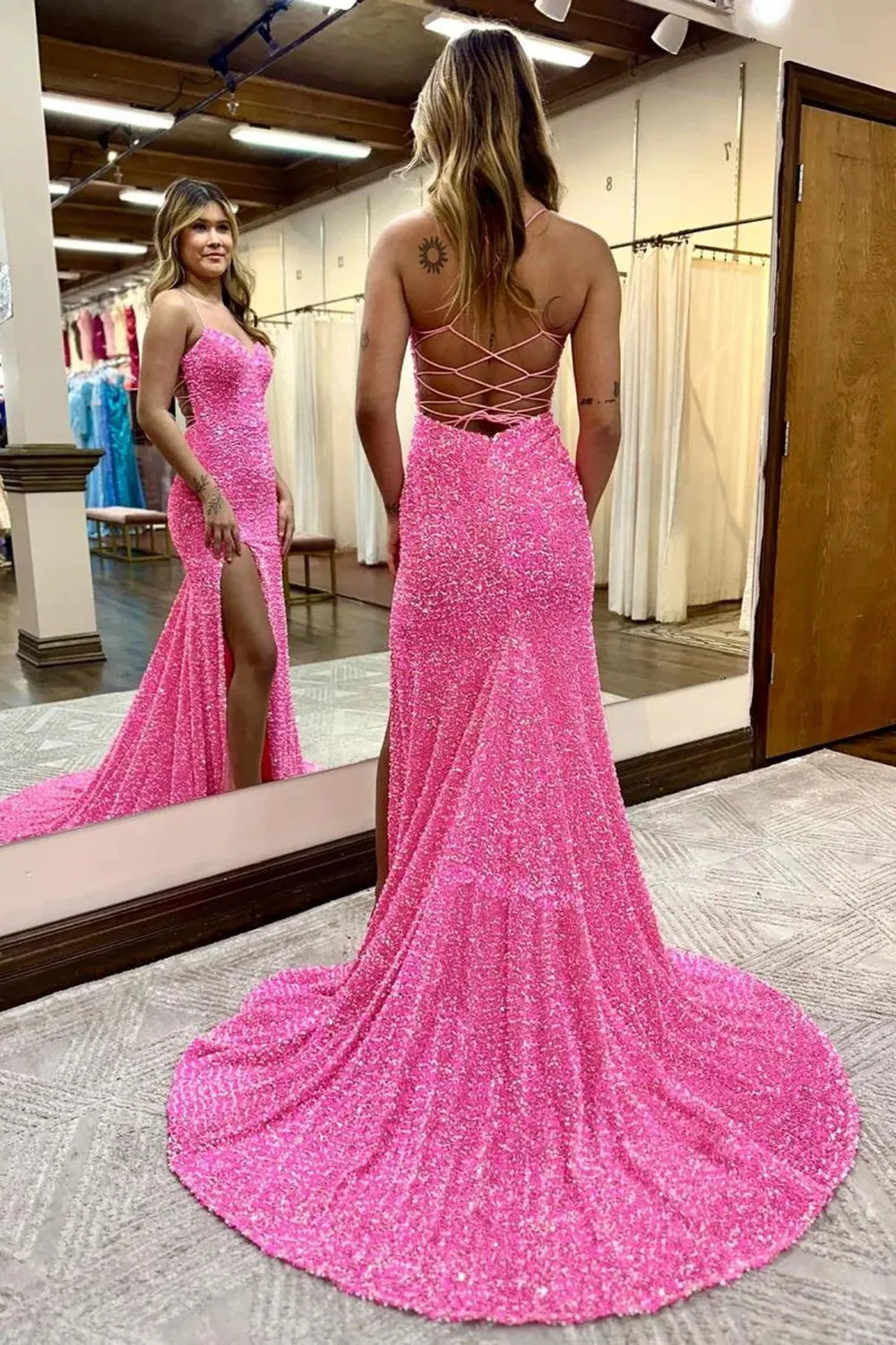 Mermaid Halter Sequins Long Prom Dress with Criss Cross Back