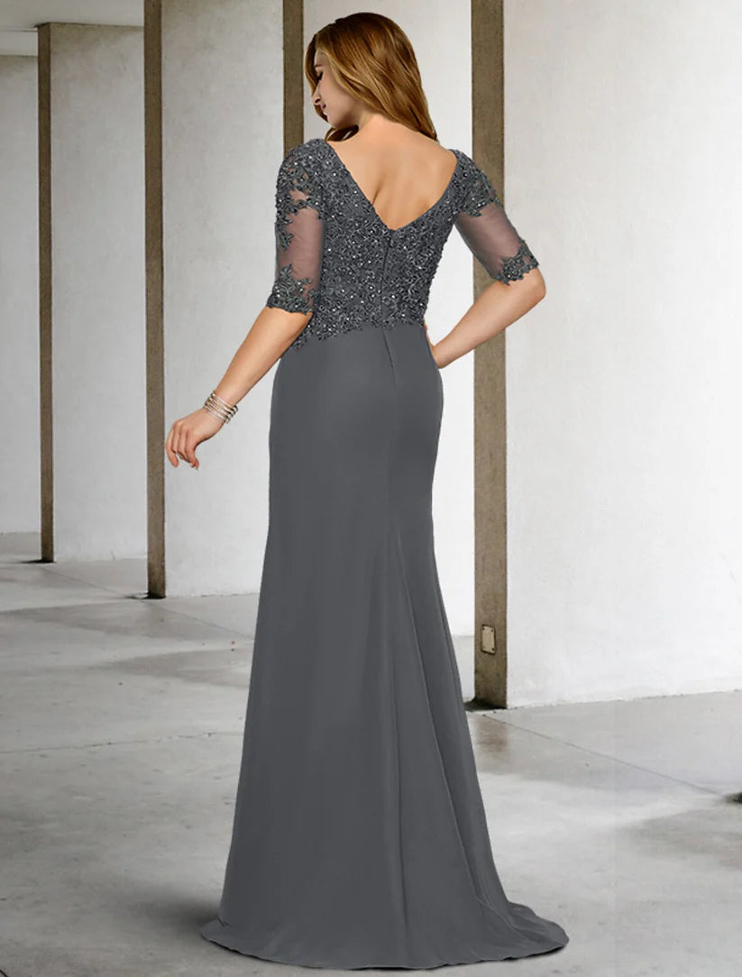 Mermaid / Trumpet Mother of the Bride Dresses Plus Size Hide Belly Curve Vintage Dress Formal Sweep / Brush Train Half Sleeve V Neck Chiffon with Pleats Appliques