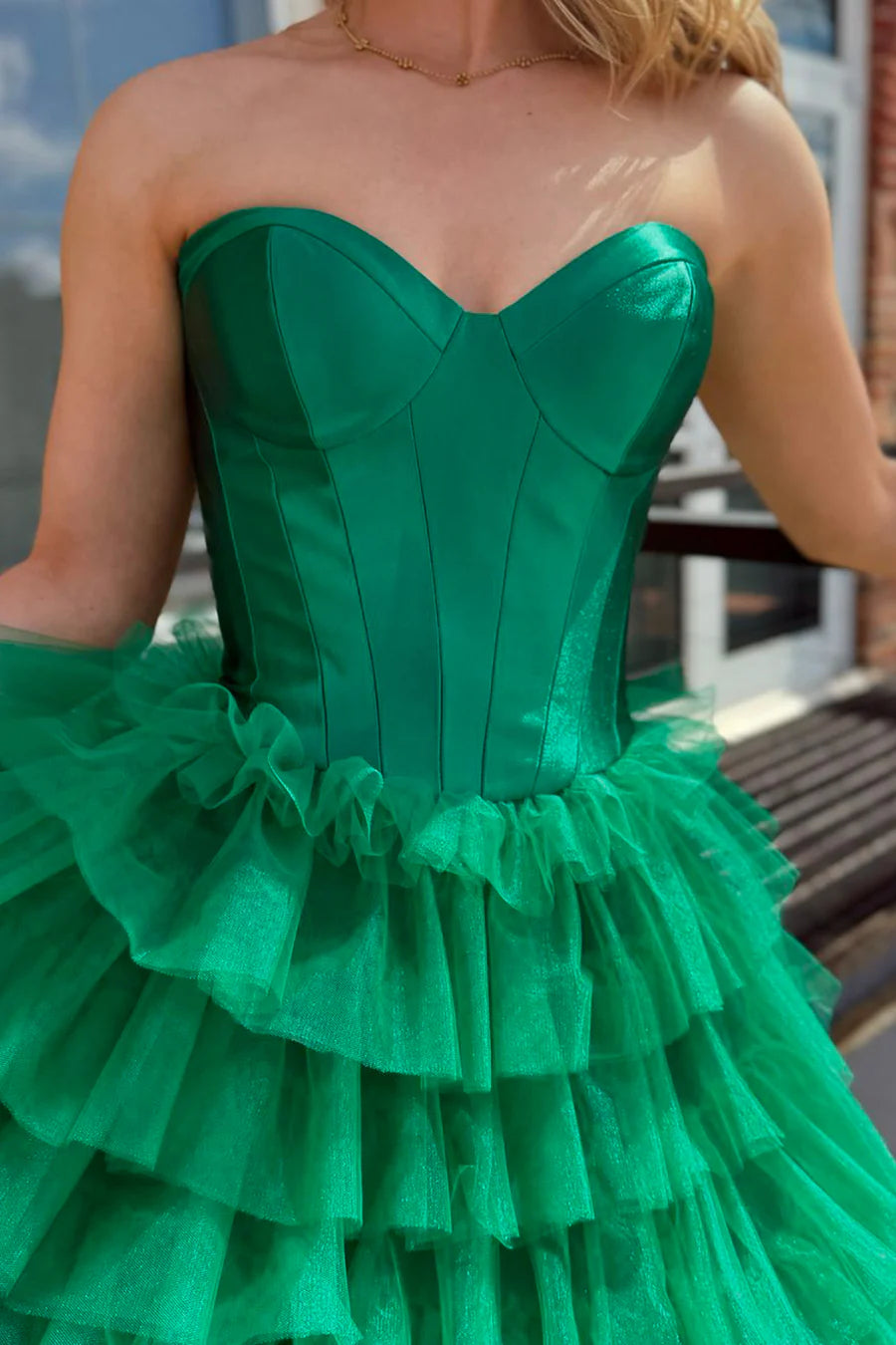 A Line Sweetheart Green Tulle Tiered formal dress evening gown Long Prom Dresses with Slit