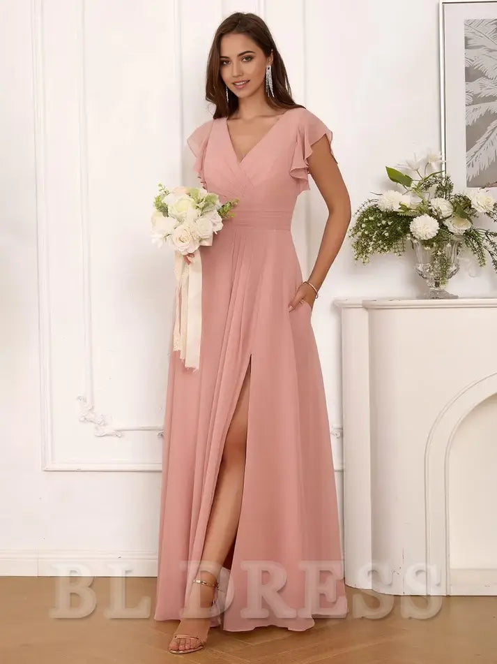 A Line V Neck Ruffle Sleeve Pleated Long Chiffon formal dresses evening gown Prom Dress with Slit