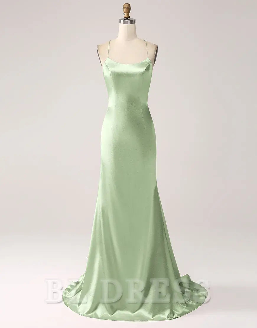 Mermaid Spaghetti Straps Satin Lace-Up Blush Long formal dresses evening gown Prom Dress