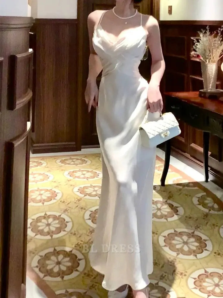 Sheath Spaghetti Straps Sleeveless White Long formal dresses Bridesmaid Dresses evening gown Prom Dress