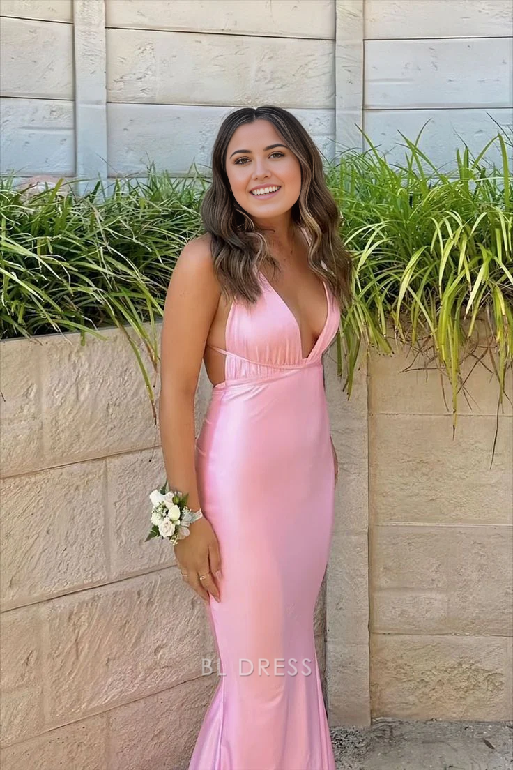 Mermaid V Neck Pink Satin formal dresses Bridesmaid Dresses evening gown Prom Dress