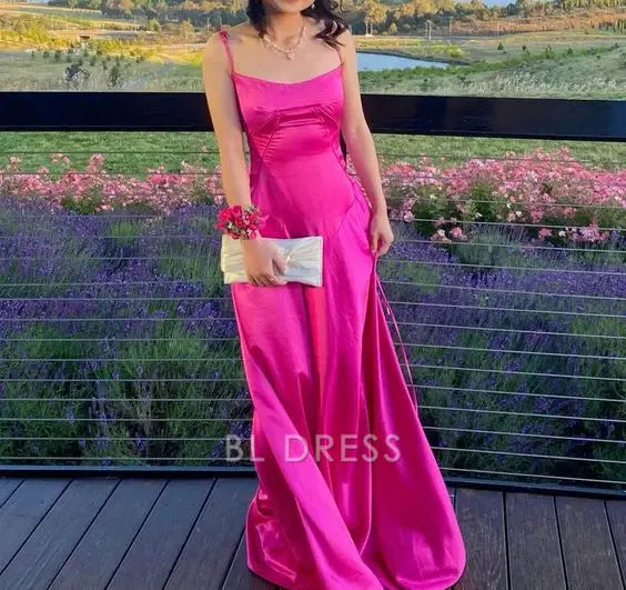 A Line Spaghetti Straps Satin Hot Pink Long formal dresses Bridesmaid Dresses evening gown Prom Dress