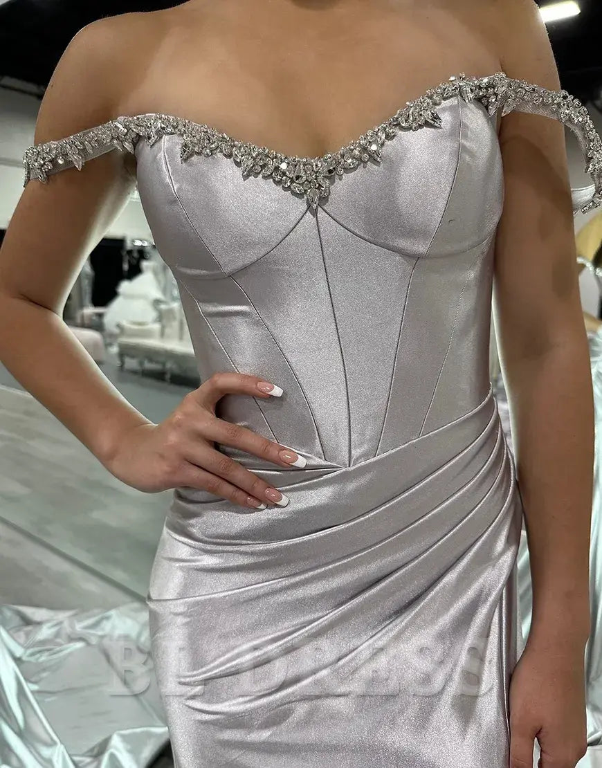Mermaid Sparkly Rhinestones Off the Shoulder Corset Long formal dresses evening gown Prom Dress with Slit