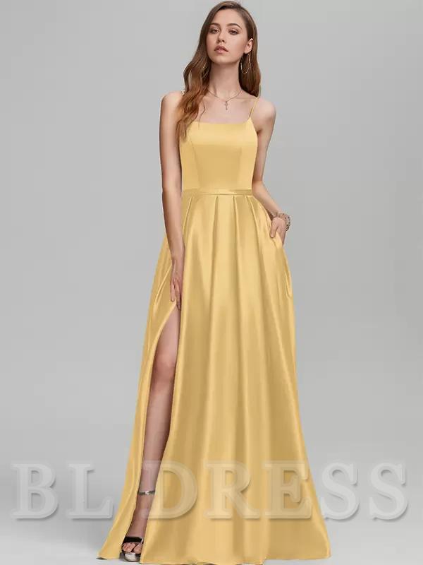 A-Line Spaghetti Straps Floor-Length Satin formal dresses evening gown Prom Dress With Split