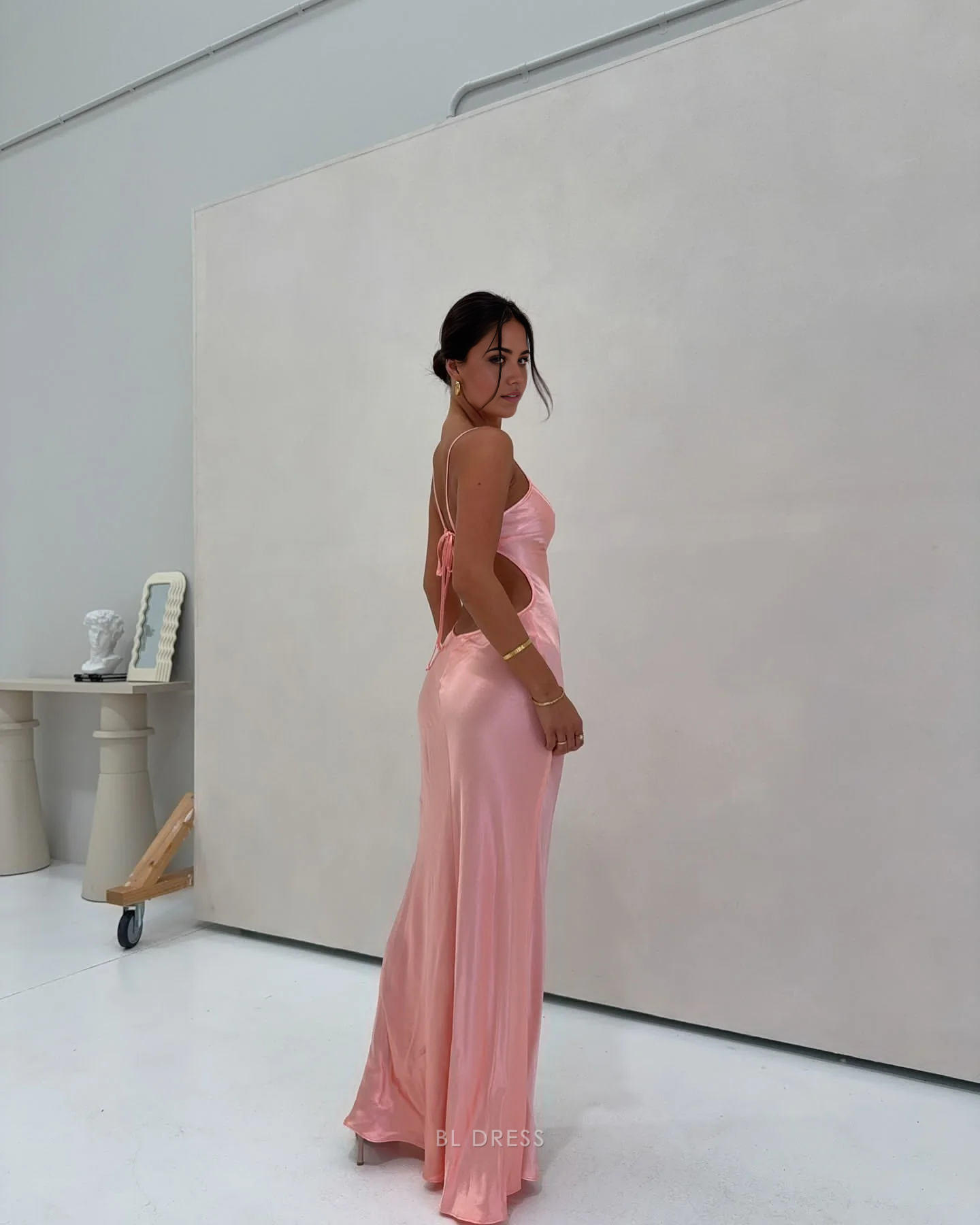 Mermaid Spaghetti Straps Satin Backless Pink formal dresses Bridesmaid Dresses evening gown Prom Dress